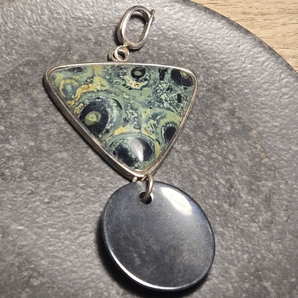 Large Green and Hematite Sterling Silver 925 Pendant